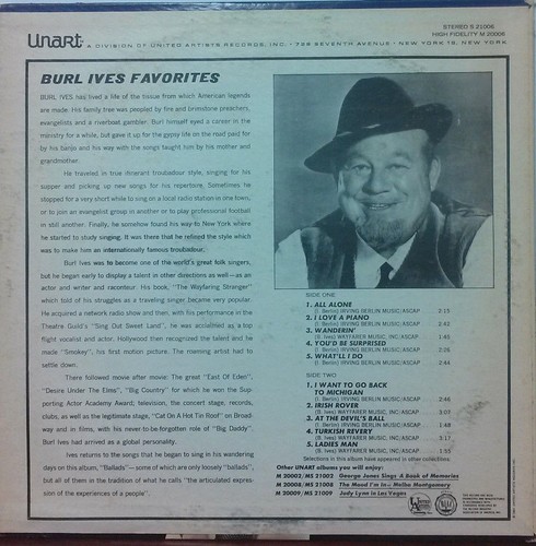 Burl Ives - Favorites 1967 Unart 12" 33 RPM LP (NM) Pop, Vocal Vinyl Record - Picture 2 of 2