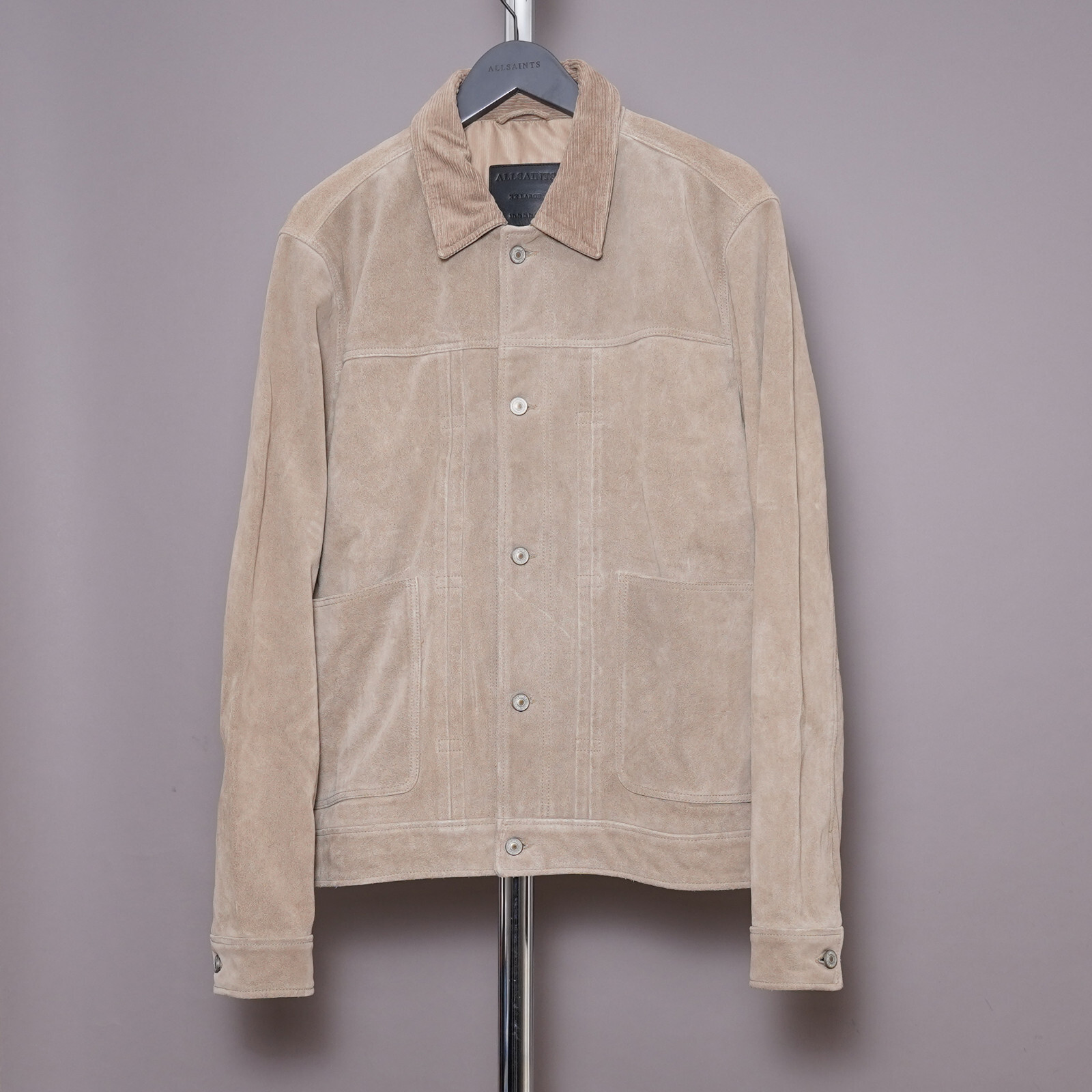 ALL SAINTS Suede Leather Jacket 2XL Mens Beige Tan XXL Biker Bomber FUSE TRUCKER