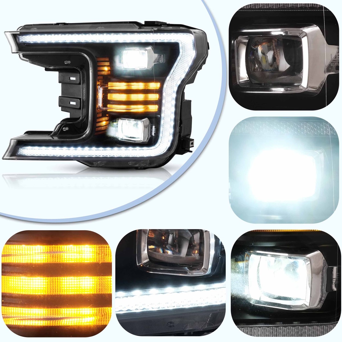 NIXON OFFROAD Projector Headlights for 2018-2020 Ford F150, Functional Lighting Modes Dual Beam / Turn Signal / Amber Reflector LED Position Light, Headlights Assemblies Black / Clear Left + Right