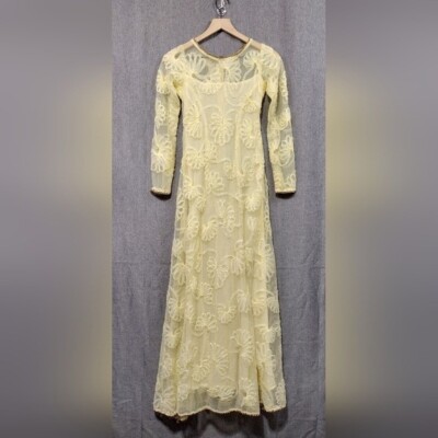 Vintage Floral Lace Maxi Dress Women's XS Yellow Retro Artsy