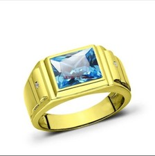 Natural Blue Topaz Gemstone with Gold Plated 925 Sterling Silver Men's Ring 568