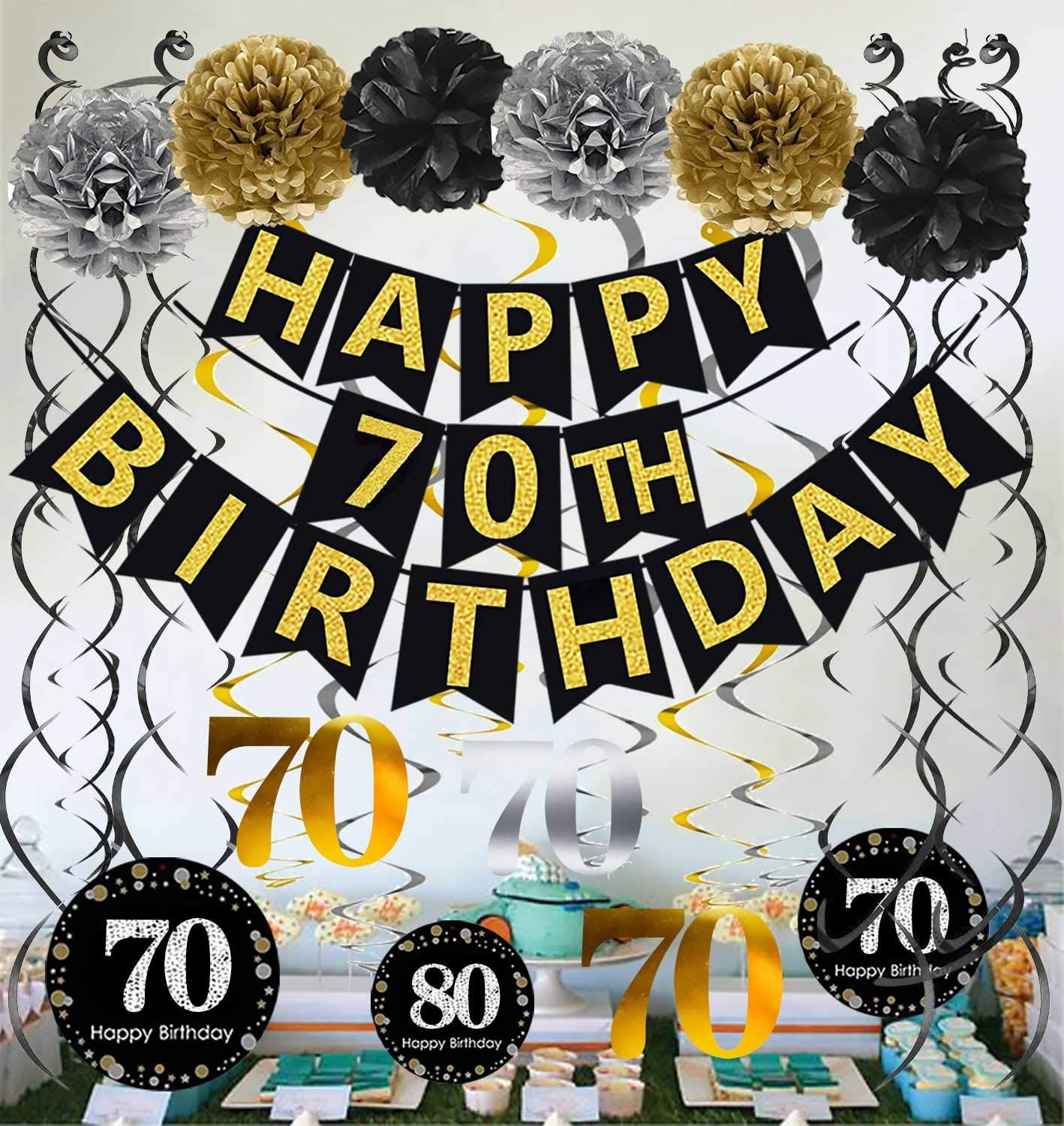 Famoby Black & Gold Glittery Happy 70Th Birthday Banner,Poms,Sparkling 70  Hangin | eBay