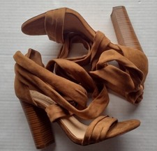 Size 8.5 LILIANA Heels Strappy Lace Up Hig Calf Open Toe Chunky Shoes Brown 