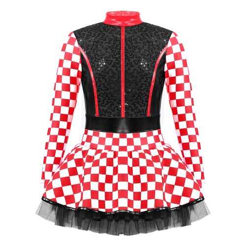 Kids Girls Race Car Driver Costume Racer Checkerboard Printed Sequins Tutu Dress - Picture 78 of 90