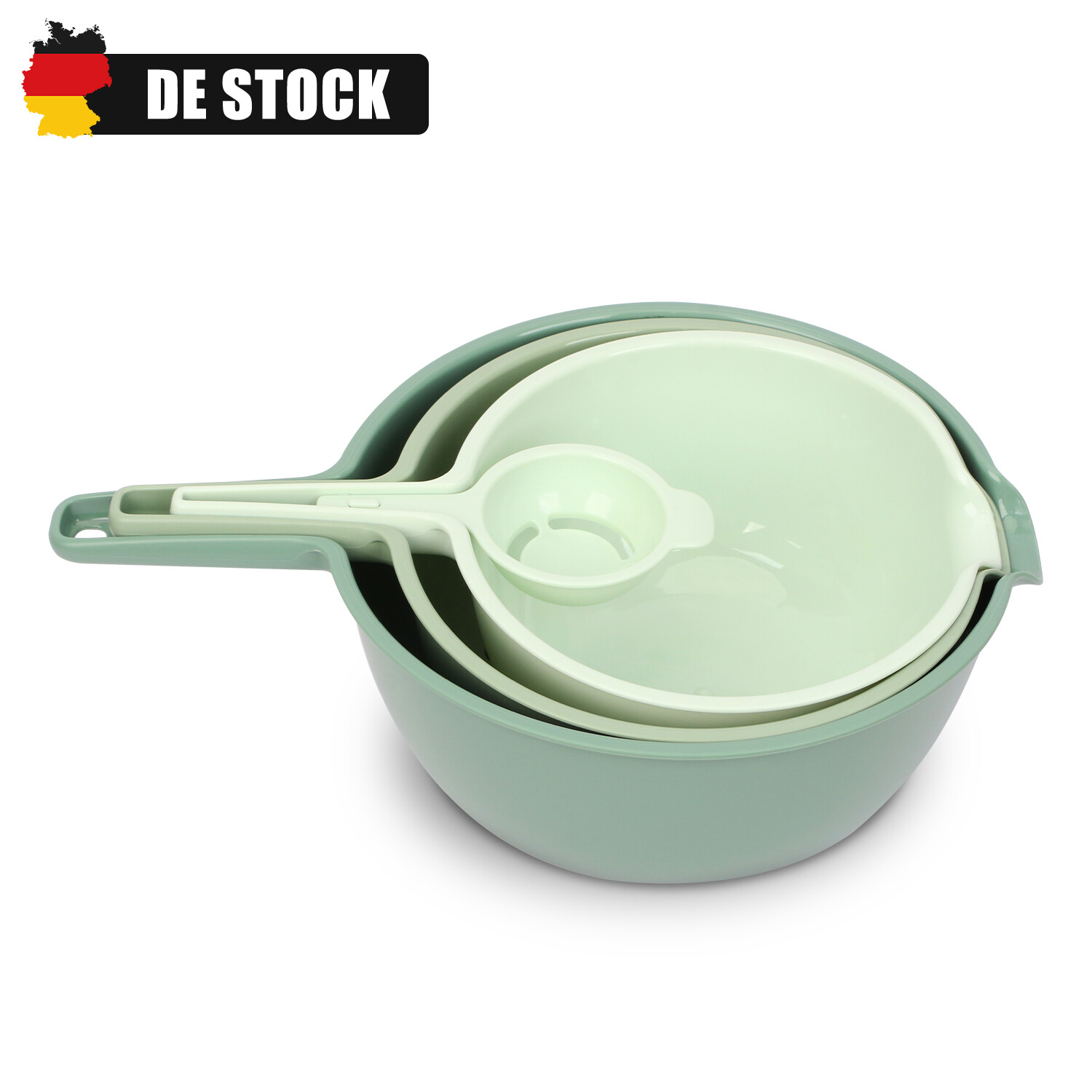 4 Teilig Rührschüsselset Kunststoff mit Griff Sieb Eiertrenner Rührschüssel grün
