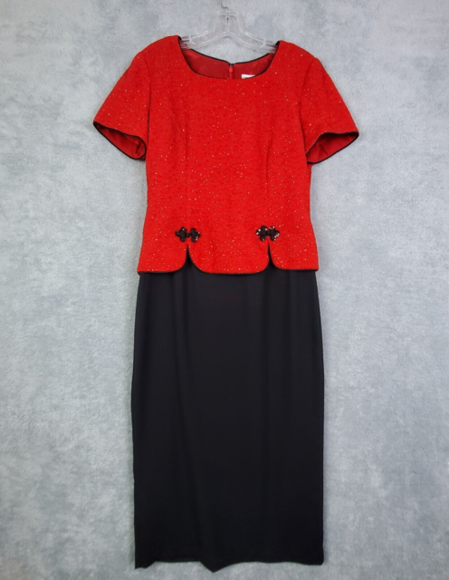 Vtg 80s Jessica Howard Dress Size 12 Red Cheongsam Inspired Glitter Short Sleeve