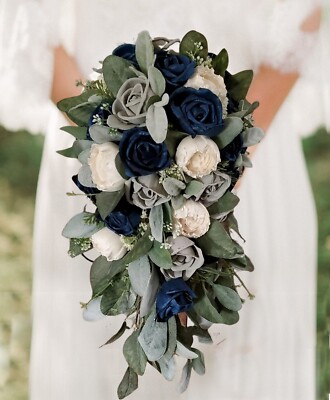 Silver Gray Navy Bridal Bouquet Blue Cascading Sola Wood Rose Wedding Flowers