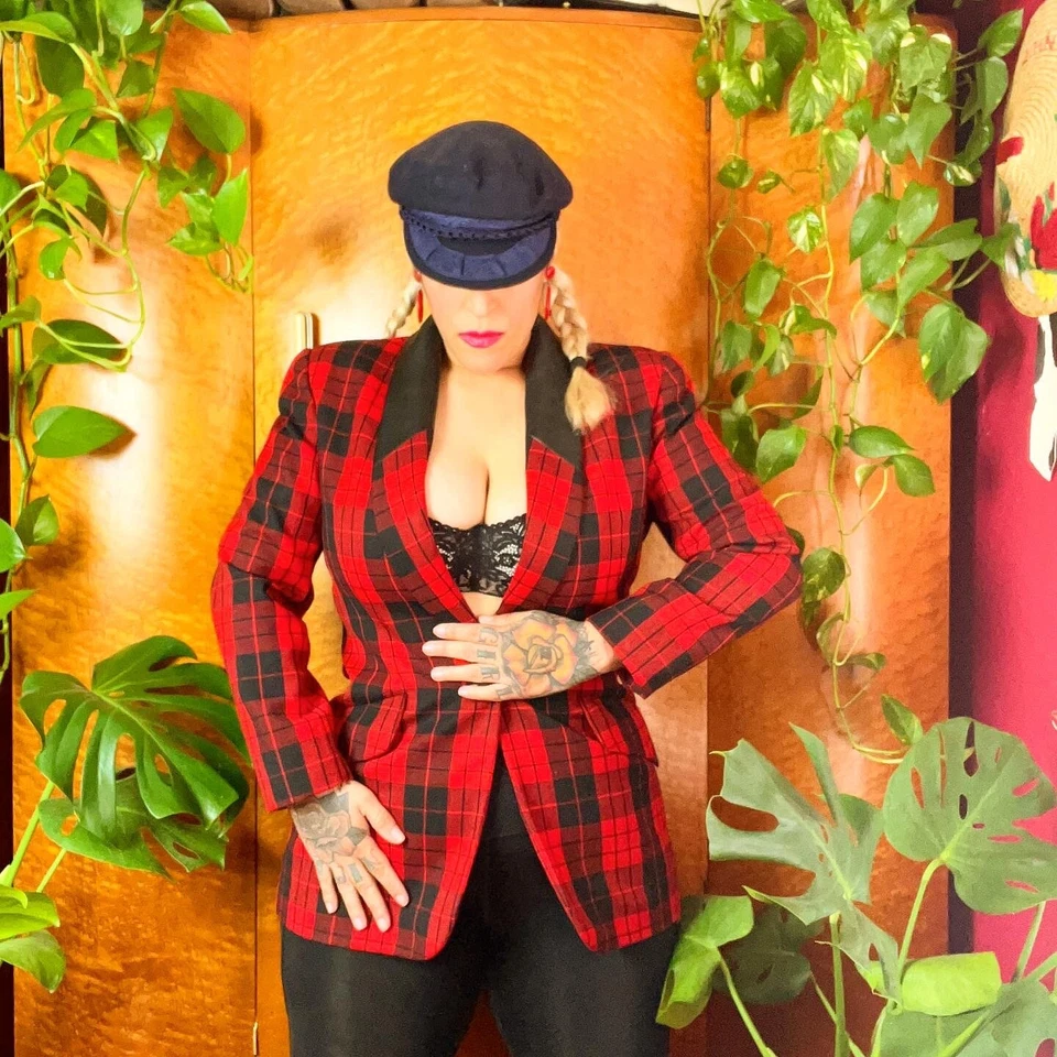 Blazer xadrez de lã vintage anos 90 TARTAN COURO PRETO E VERMELHO 40 B - Imagem 3 de 4