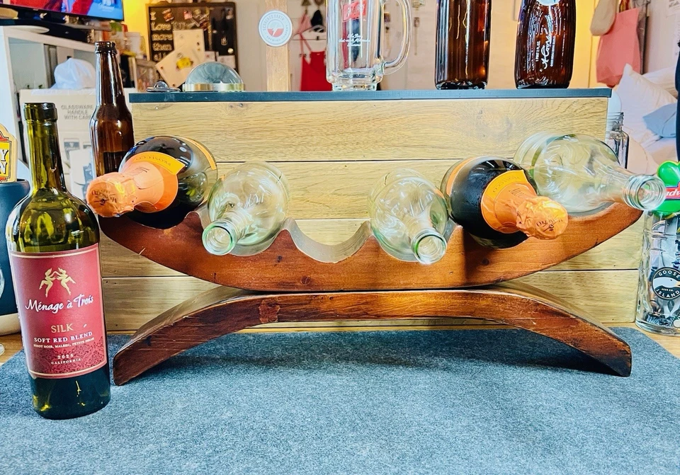 Estante de vino de madera único hecho a mano para 6 botellas raro  Foto 3 de 4