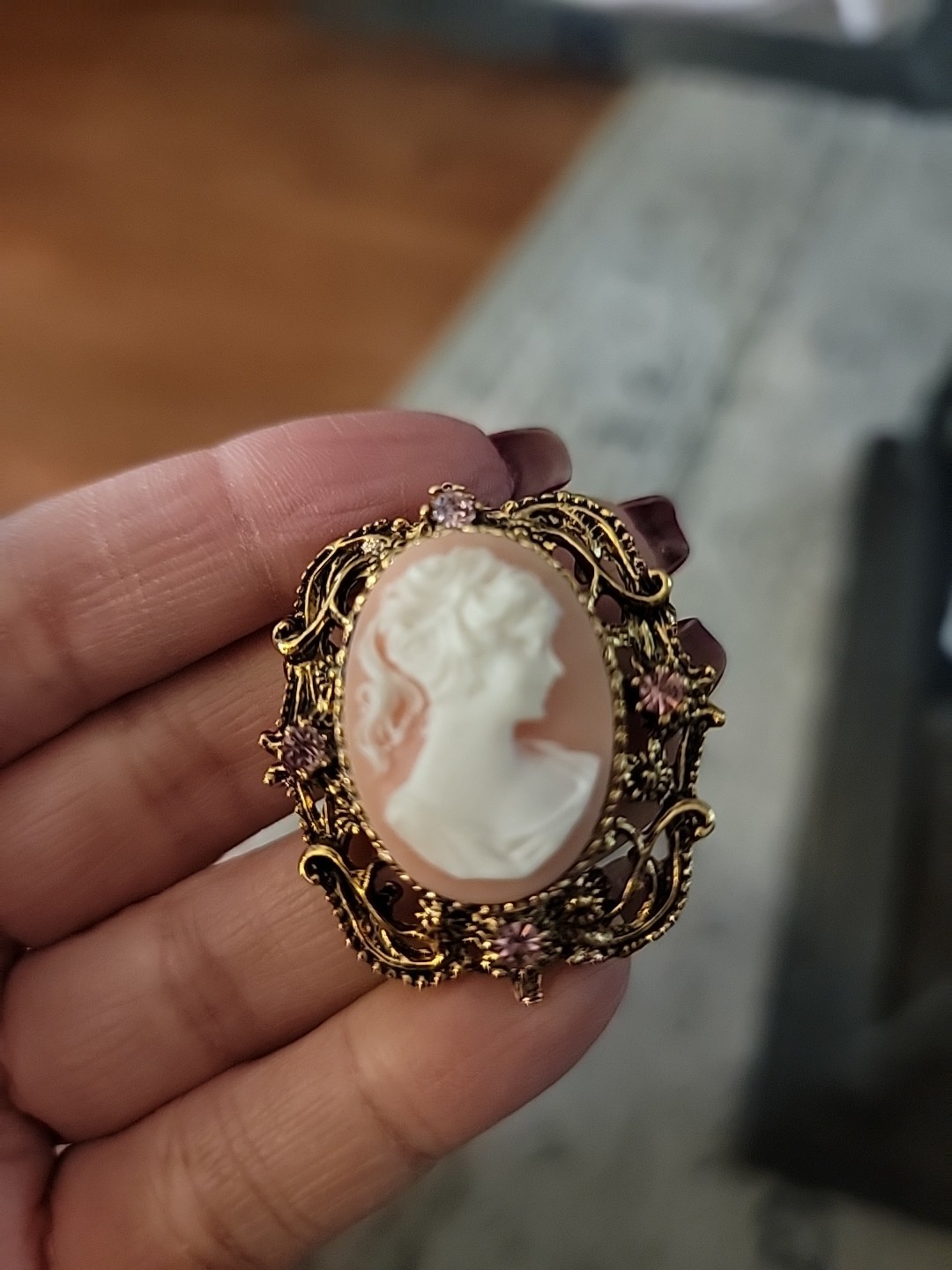 Gold Tone Cameo Brooch with Pink Rhinestones
