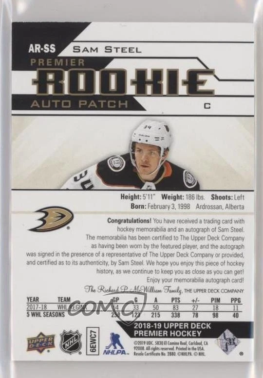 2018 Premier Acetate Rookie Gold Spectrum /99 Sam Steel #AR-SS RPA Patch Auto RC - Image 2 of 2