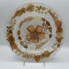 Clear Glass Plate Decoupage pressed Dried Leaves Earthy Tones 10.5"