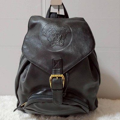 GIANNI VERSACE Medusa Embossed Logo Backpack Flap Drawstring Leather