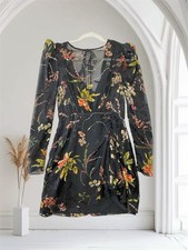 Astr The Label Womens Black Floral Burnout Dress Medium Puff Sleeve Open Back