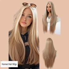 Real Human Hair Wig Fashion for Women's Long Ombre Blonde Straight Wigs 26In