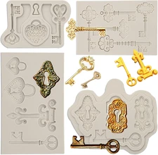 Vintage Key Fondant Molds (4 Pack), Lock Keyhole Silicone Chocolate Molds, Mini