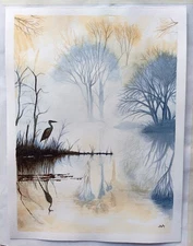 Original watercolor depicting a lake landscape.