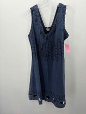 Pre-Owned Cotton Natural Blue Size Medium Shift Knee Length Sleeveless Dress