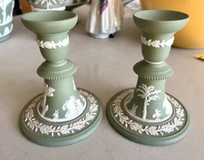 1950 Wedgwood Green Jasperware Candlestick Holders. Pristine Condition.