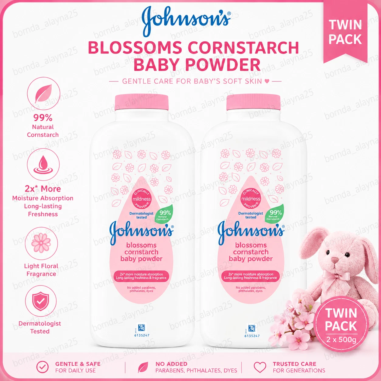 2packs X 500g JOHNSON'S Baby Powder Blossom Cornstarch Original FAST SHIPPING