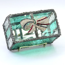 Stained Glass Trinket Box Jewelry Gems Bow Hinged Mirror Green Small Leaded Vtg