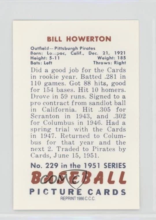 1986 CCC 1951 Bowman Reprints Bill Howerton #229 - Image 2 of 2