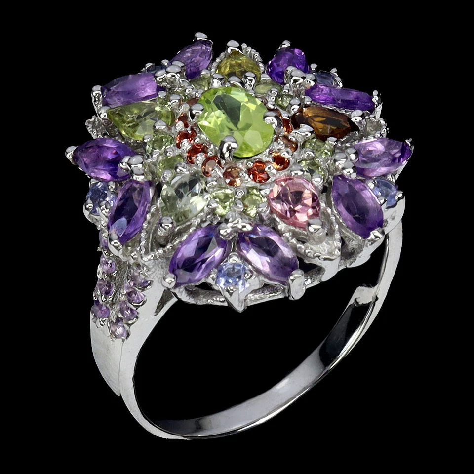 925 Sterling Silver Ring Oval Peridot Amethyst Sapphire Gemstone Jewelry Size 9 - Image 2 of 4