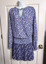 NWT GAP Size L Tall Blue Floral Dropped Smock Waist Dress w/Pleated Hem