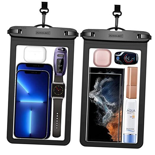 XL Large Waterproof Cell Phone Pouch - 2 Pack Underwater Clear Black+Black