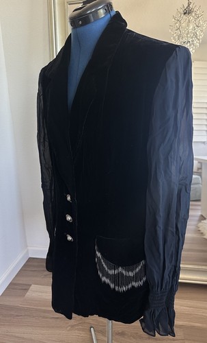 Vtg Dorothy Schoelen Black Velour Silk Beaded Tassels Sheer Sleeves Jacket Sz L - Picture 5 of 15