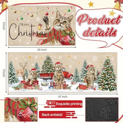 Set of 2 Kitchen Mats Christmas Kitchen Mats Cat Christmas Cat Light