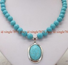 Fashion 10mm Blue Turquoise Round Gemstone Beads Pendant Necklace 20"