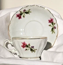 Vintage Moss Rose Tea Cup & Saucer Gold Trim Fancy Handle Fluted 