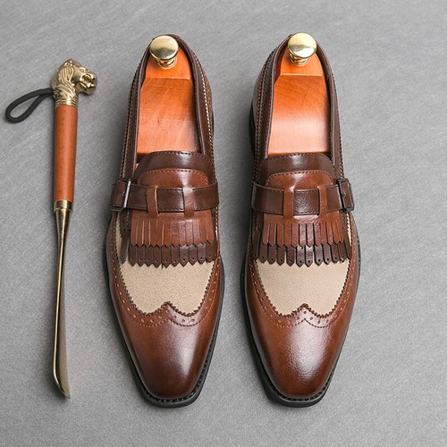 Scarpe eleganti casual da uomo slip on nappa scarpe Oxford formali a coda di rondine ballo brogue - Foto 3 di 24