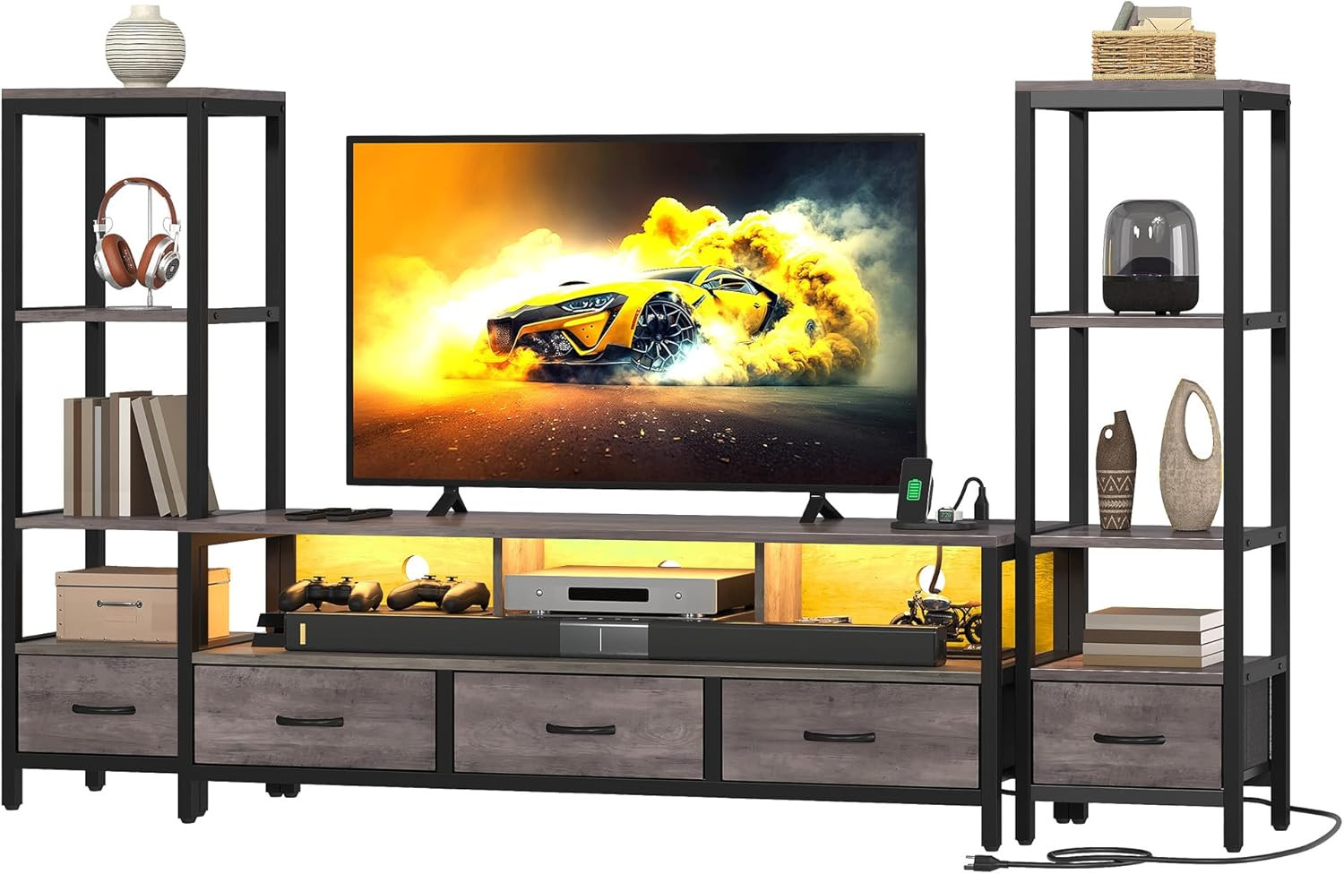With 2 Industrial Bookshelves, Grey, For 65" Tvs