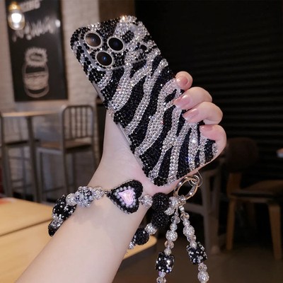 Bling Diamond Zebra Print Strap Case for iPhone 17 16 15 14 13 12 11 X Pro Max