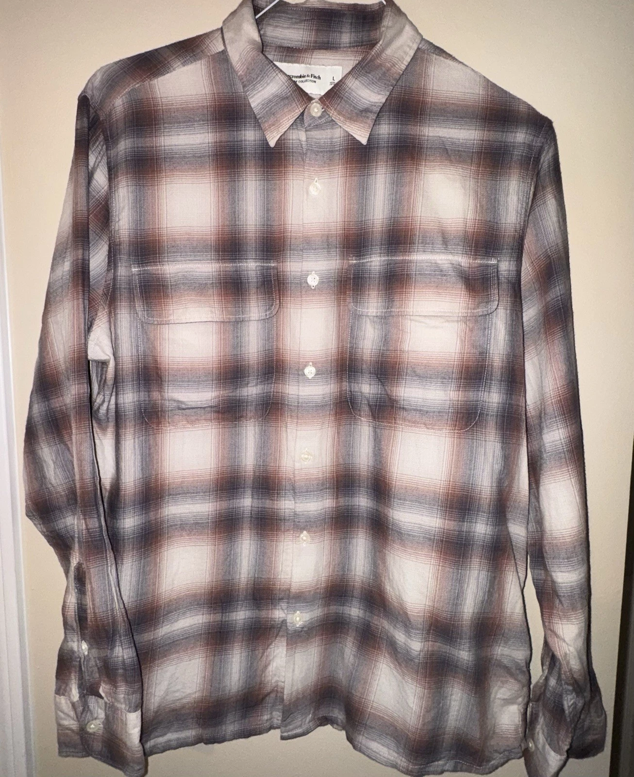 Abercrombie & Fitch Shirt Mens L Gray Plaid Outdoors Button Up Long Sleeve