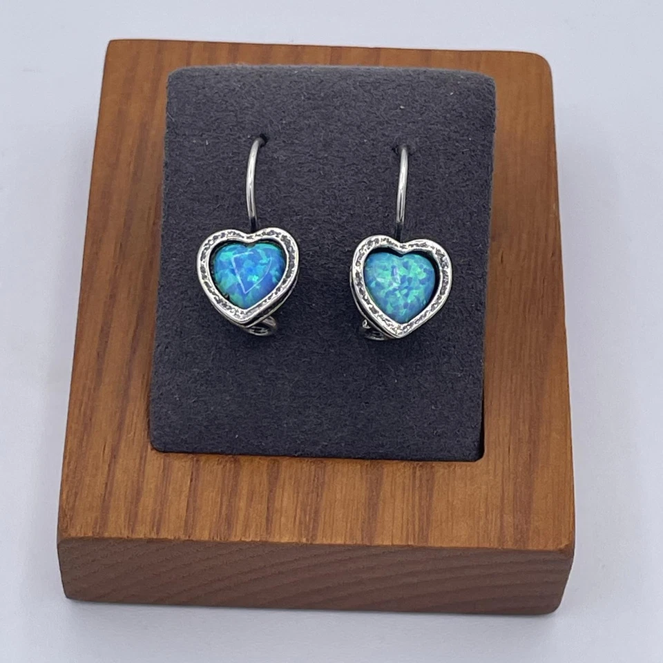 Brincos pendentes de prata esterlina com coração de opala azul laboratório Israel Shablool 925 vintage - Imagem 2 de 4