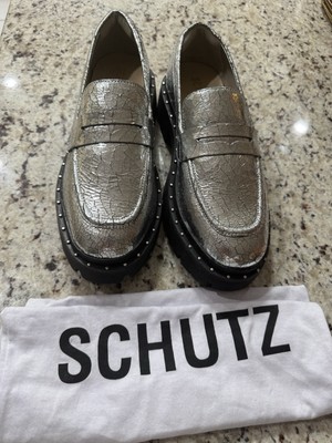SCHUTZ Christie Studs Silver Cracked Leather Lug Sole Loafers Size 7.5