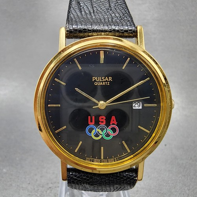 #ad Pulsar Olympics Team USA Watch Men 34mm Black Dial Gold Tone Round New battery $29.99