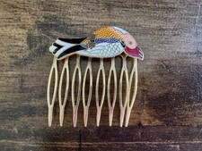Vintage Cloisonne Enamel Hair Comb Gold Tone Bird Floral Asian Style