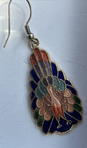 Vintage Omnia Beautiful Colors Enamel Cloisonné Peacock Earrings Dangle - Picture 2 of 4