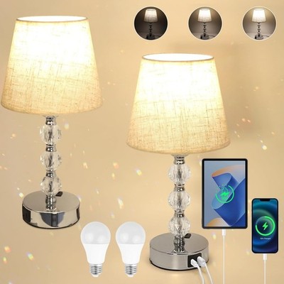 2er Set Nachttischlampe - Touch Control Dimmbar Lampe USB & USB-C (grauer Schirm)