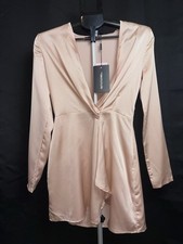 NWT PrettyLittleThing Women's Nude Satin Long Sleeve Wrap Front Mini Dress SZ 8