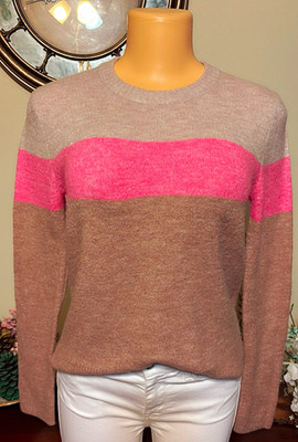 Old Navy Women s XS Pink Brown Striped Crew Neck Knit Pullover Sweater