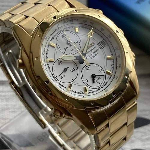 Seiko Watch 7T32 Vintage 1990 White Dial Chronograph Alarm Gold Plated 39mm Case