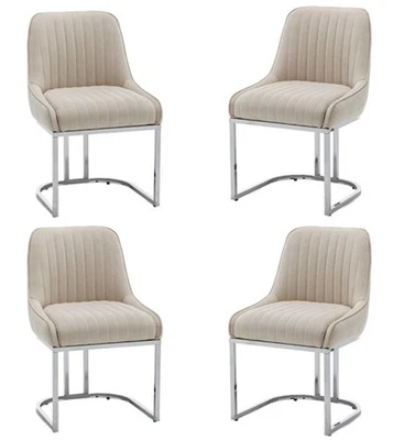 4 Beige Velvet Dining Chairs Bright Chrome base legs Velvet Upholstered - Image 1 of 4