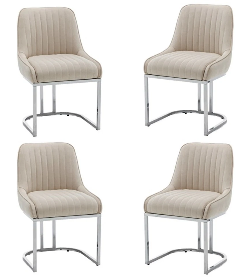Set of 4 Beige Velvet Dining Chairs Bright Chrome base legs Velvet Upholstered - Image 1 of 4