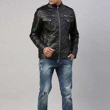 Men Leather Jacket Black Slim fit Biker genuine lambskin jacket