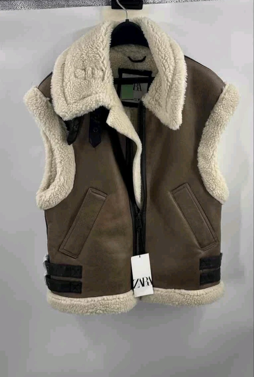 Zara Womens Beige Brown Sleeveless Pockets Winter Full-Zip Vest Size X-Small